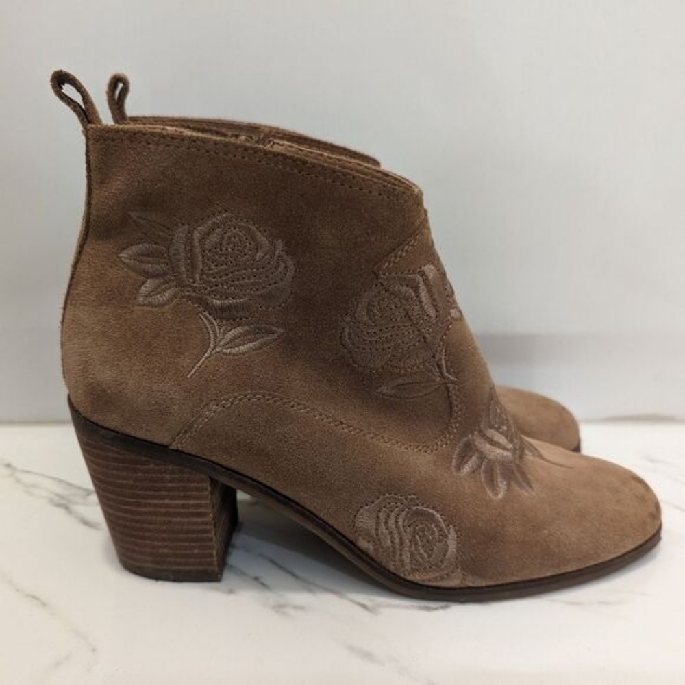 Lucky Brand Brown Peyton Suede Leather Floral Embroidered Ankle Boots Booties 10